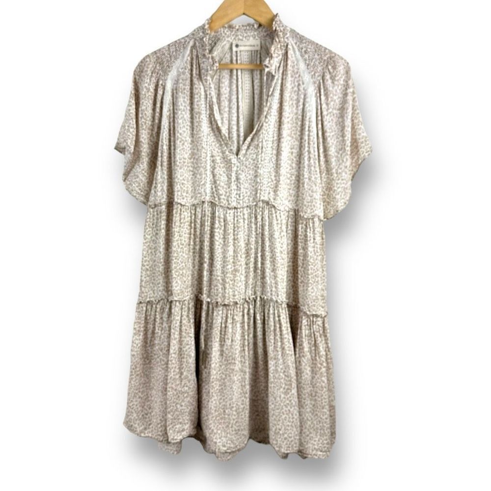 The Impeccable Pig Women's S‎ Tiered Cheetah Prairie Dress Tan Beige 100% Cotton